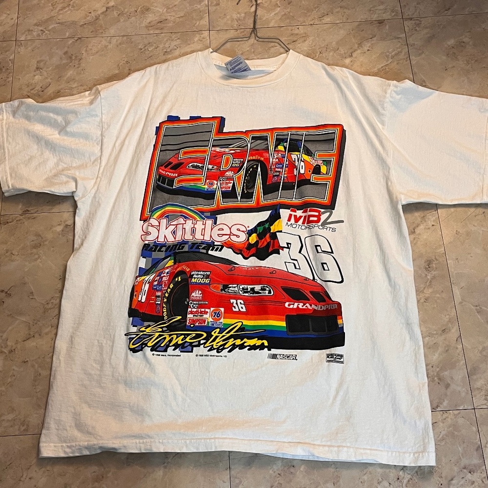 Vintage 1998 Skittles Ernie Irvan NASCAR Racing Tshirt Tultex 2XL White Mens